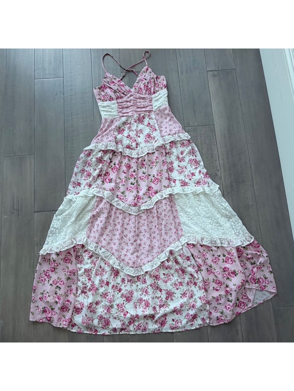 Altar'd State Pink Floral Patchwork Maxi Dress / Lace Trim Size S - Picture 9 of 10